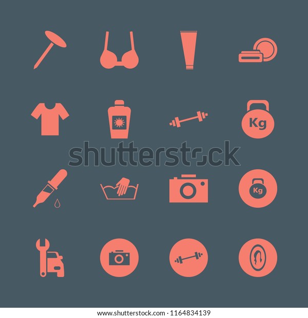 body vector icons set. with\
cosmetic cream, dumbbell, dropper pipette and female mirror in\
set
