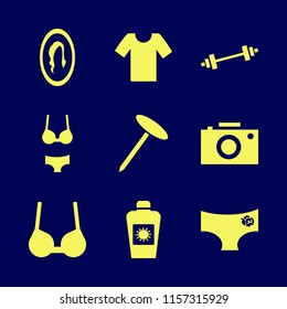 body vector icons set. with t shirt, panties rose, dumbbell and brassiere in set