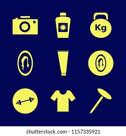 body vector icons set. with t shirt, female mirror, cream tube and weight in set