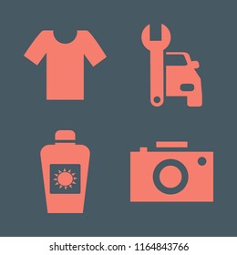 body vector icons set. with t shirt, car repair, sun oil and camera in set