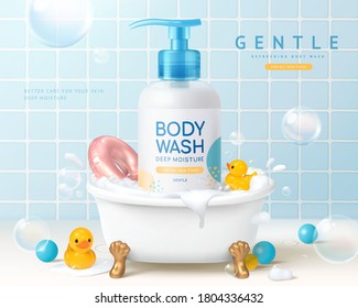 Body wash ad in 3d illustration, body wash product in a small bathtub with toys in bathroom