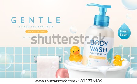 Body wash ad design in 3d illustration, product bottle in bathtub with yellow ducks and bubble around in bathroom ストックフォト © 