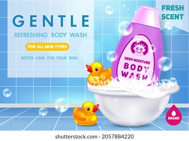 Body wash ad design. Realistic template with shampoo, bubbles, bathtub and rubber ducks. Banner for advertising and selling cleaning product. 3D modern vector illustration isolated on blue background