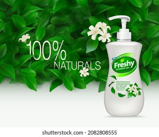 Body wash ad with leaf and flower background. Liquid soap products made from natural extracts and fragrant flowers. Realistic EPS file.