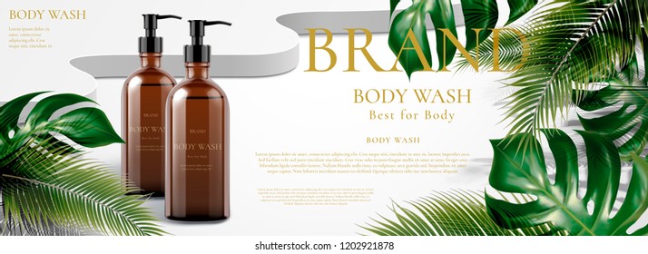 Body wash banner ads with tropical leaves decoration in 3d illustration