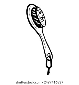 Body wash brush hand drawn doodle. Cleansing skin care. Shower room. Vector outline line art illustration.