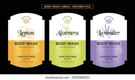 Body wash label design, product label design, lemon aloe vera lavender fragrance labels design set editable vector file print ready illustration