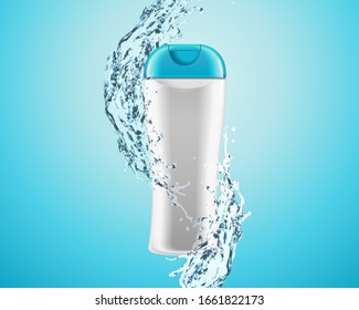 Body wash or shampoo product bottle mockup in white and blue with splashing water effect, 3d illustration