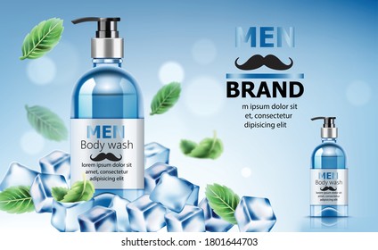 Body wash soap for men surrounded by ice and mint leaves with place for text. Realistic. 3D Mockup Vector