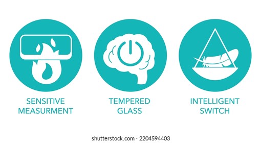 Body Weighing Scale icons of properties - sensitive measurement, tempered glass and intelligent switch.