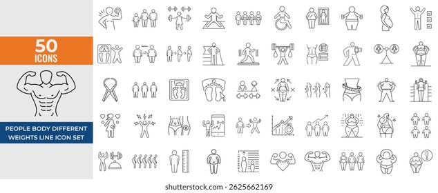 Peso corporal e Ícones de saúde, Conjunto de figuras vetoriais, IMC, Escala, Excesso de peso, Subpeso, Gravidez, Ilustrações de linha fina