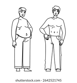 body weight loss man vector. person adult, diet fit, control lifestyle body weight loss man character. people black line pencil drawing illustration