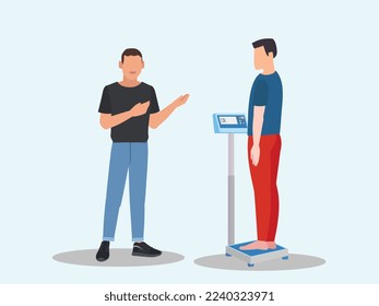Body weight machine with a person measuring body weight. Concept of healthy lifestyle, dieting and fitness with Overweight. He measuring weight and scales with  tape measure to lose weight for health. svg