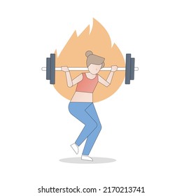 Body weight program exercises,Calories burned to weight loss,female in fitness clothes lifting barbells build muscle and fire burns hot in the back,exercises routine,Vector illustration.