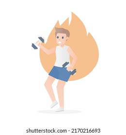 Body weight program exercises,Calories burned,men in fitness clothes lifting dumbbell build muscle and fire burns hot in the back,exercises routine,Vector illustration.