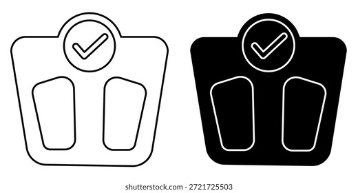 Icono de la escala de peso corporal que representa el monitoreo de la salud, el progreso físico y el control del peso. Diseño limpio en blanco y negro adecuado para App de dieta, tableros de bienestar, gimnasios e interfaces de salud.
