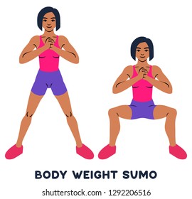 Body weight sumo. Wide stance squats.Sport exersice. Silhouettes of woman doing exercise. Workout, training Vector illustration