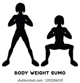 Body weight sumo. Wide stance squats.Sport exersice. Silhouettes of woman doing exercise. Workout, training Vector illustration