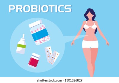 body of woman with medicines probiotics