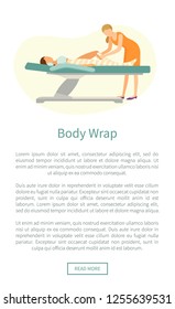 Body wrap done by experienced specialist expert in spa salon vector web poster. Procedure of wrapping leg to get rid of cellulite, cosmetician and client