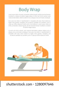 Body wrap done by experienced specialist expert in spa salon vector poster. Procedure of wrapping leg to get rid of cellulite, cosmetician and client