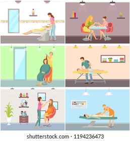 Body wrap and visage makeup applying of specialist visagiste with cosmetics on shelves. Manicure and hair styling, massage and hairstyle set vector