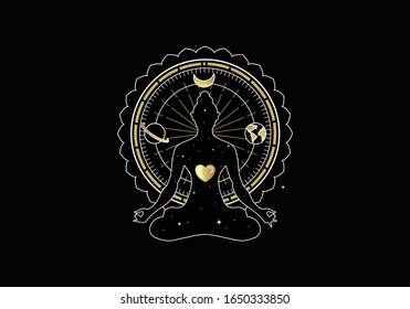 Body yoga in a lotus pose with a sacred geometry ornament,  starry sky, space or universe. For tarot reader, spiritual guidance, witchcraft, tatoo, t shirt, sticker 