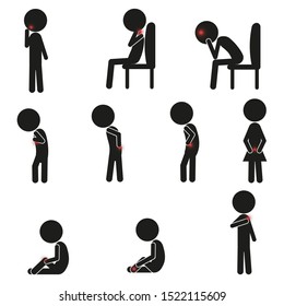 Bodyaches vector set, different common pains areas simple pictograms.