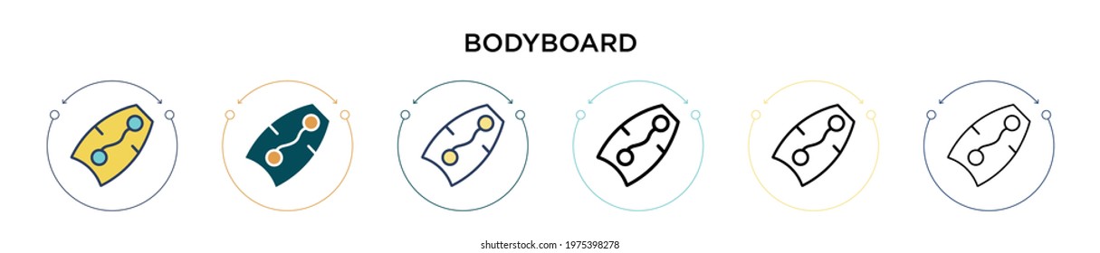 Bodyboard icon in filled, thin line, outline and stroke style. Vector illustration of two colored and black bodyboard vector icons designs can be used for mobile, ui, web