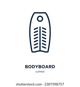 Bodyboard Symbol aus der Sommerkollektion. Dünne lineare Bodyboard, Sport, Surfbrett Umriss Symbol einzeln auf weißem Hintergrund. Zeilensymbol des Vektorbodyboards, Symbol für Web und Mobile