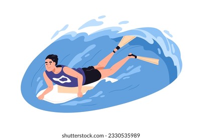 Bodyboarding auf See. Prone Bodyboarder Reitwelle, Surfen im Wasser, liegen auf Boogie-Board. Person in Flossen während des Sommersports. Flache grafische Vektorgrafik einzeln auf weißem Hintergrund