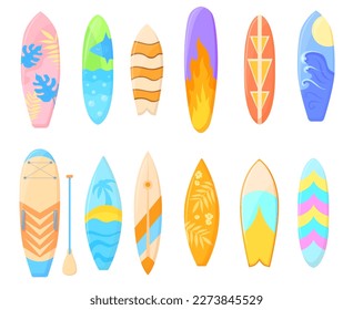 Carteles. Surfboard fresco de dibujos animados para bodyboarding, surf hawaii surf, tablas cortas de largo recorrido playa tropical de verano deportes de olas de mar, ilustración vectorial de la tabla de surf y el longboard para surf