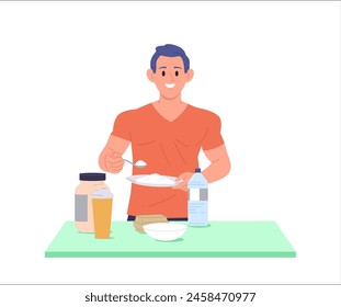 Bodybuilder athlete isolated cartoon character cooking sports food mixing protein powder cocktail