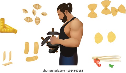 bodybuilder athlete lifts weights surrounded by carbohydrates