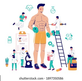 Bodybuilder athlete using anabolic steroids for sport competition, muscle building, flat vector illustration. Illegal drugs, doping in sport. Anabolic research lab.