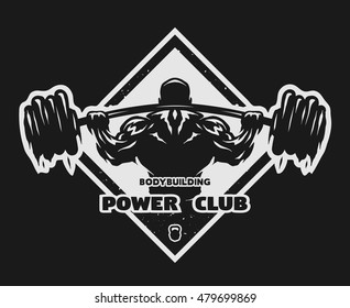 Bodybuilder with a barbell. Label, emblem, t-shirt design. Dark background.