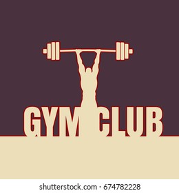 Bodybuilder and barbell outline silhouettes. Icon of the posing athlete. Gym club text