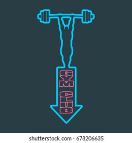 Bodybuilder and barbell outline silhouettes. Icon of the posing athlete. Gym club text in arrow