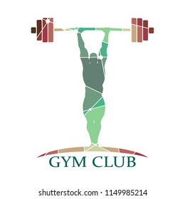 Bodybuilder and barbell silhouettes. Gym club text. Sport equipment emblem. Textured by connected lines with dots