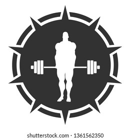 bodybuilder and barbell silhouettes. Icon of the posing athlete. Sporty style stamp