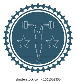 bodybuilder and barbell silhouettes. Icon of the posing athlete. Sporty style stamp with outline silhouette