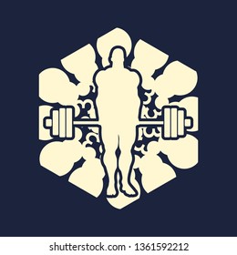 bodybuilder and barbell silhouettes. Icon of the posing athlete in ornamental frame. Sporty style stamp