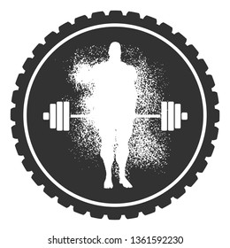 bodybuilder and barbell silhouettes. Icon of the posing athlete. Sporty style stamp