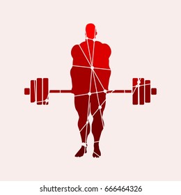 Bodybuilder and barbell silhouettes. Icon of the posing athlete. Molecule and communication style icon. Connected lines with dots.