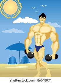 Bodybuilder at the beach with dumbbells