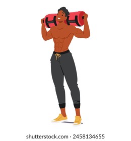 Bodybuilder With A Bright Smile Lifts A Weighted Bag Overhead, Showcasing His Well-defined Arms And Torso, Embodying Strength And Positive Energy In His Training Session. Cartoon Vector Illustration