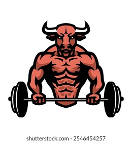 A bodybuilder with a bull head holds a barbell. Vector illustration.