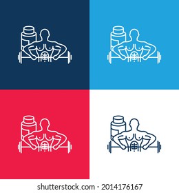 Bodybuilder Carrying Dumbbell blue and red four color minimal icon set