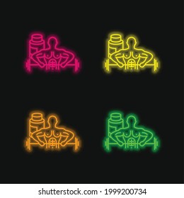 Bodybuilder Carrying Dumbbell four color glowing neon vector icon