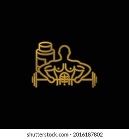 Bodybuilder Carrying Dumbbell gold plated metalic icon or logo vector